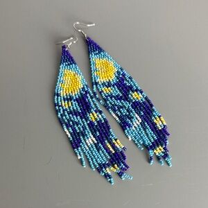 Starry Night Tassel Earrings Handmade Beaded Fringe Earrings - Blue & Yellow